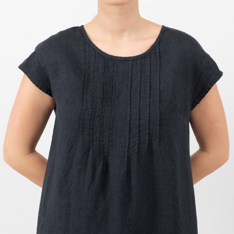 linen blue black dress with pleats on front