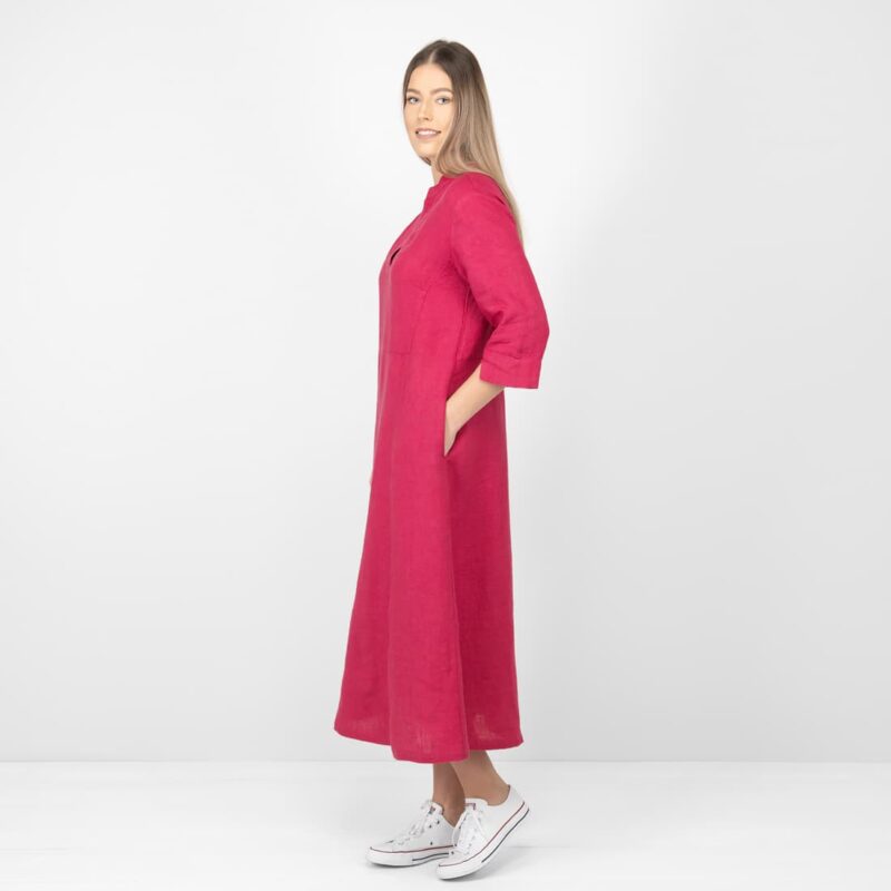 red long linen dress with 3/4 sleeves