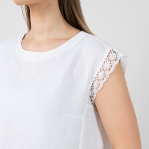MILDA Kleid schneeweiß 15 White knee length linen dress, short sleeves with lace