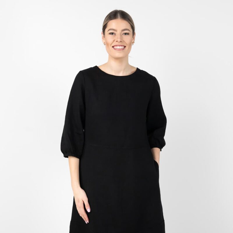 Black linen dress, round neckline