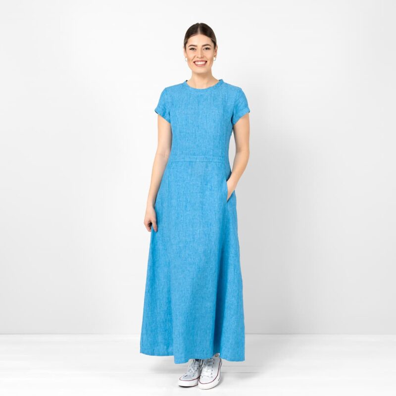 Blue linen dress, maxi length