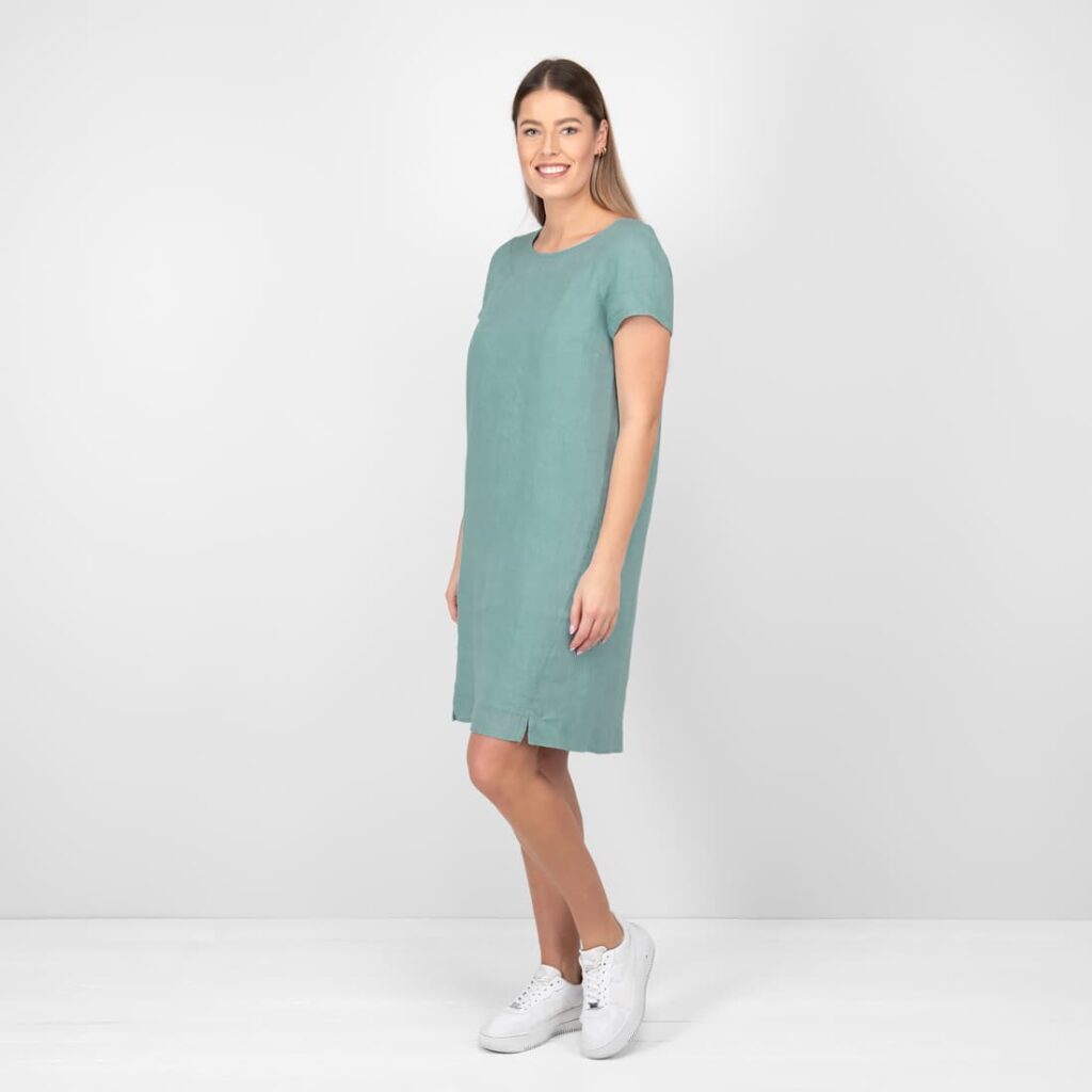 PROVENCE Kleid grünlich 2 aqua linen dress from side, short sleeves