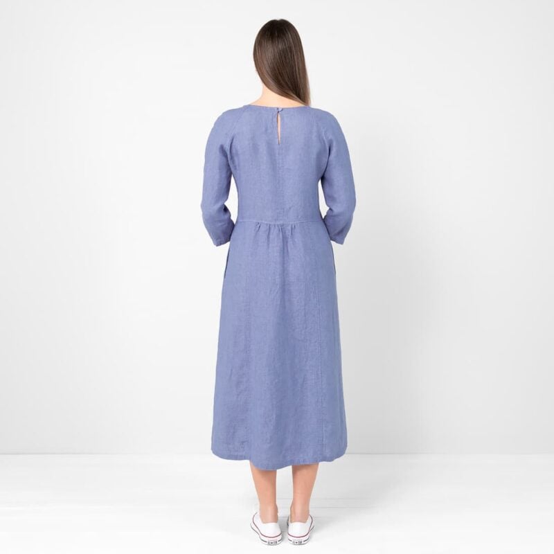 Blue linen dress, button closure on back