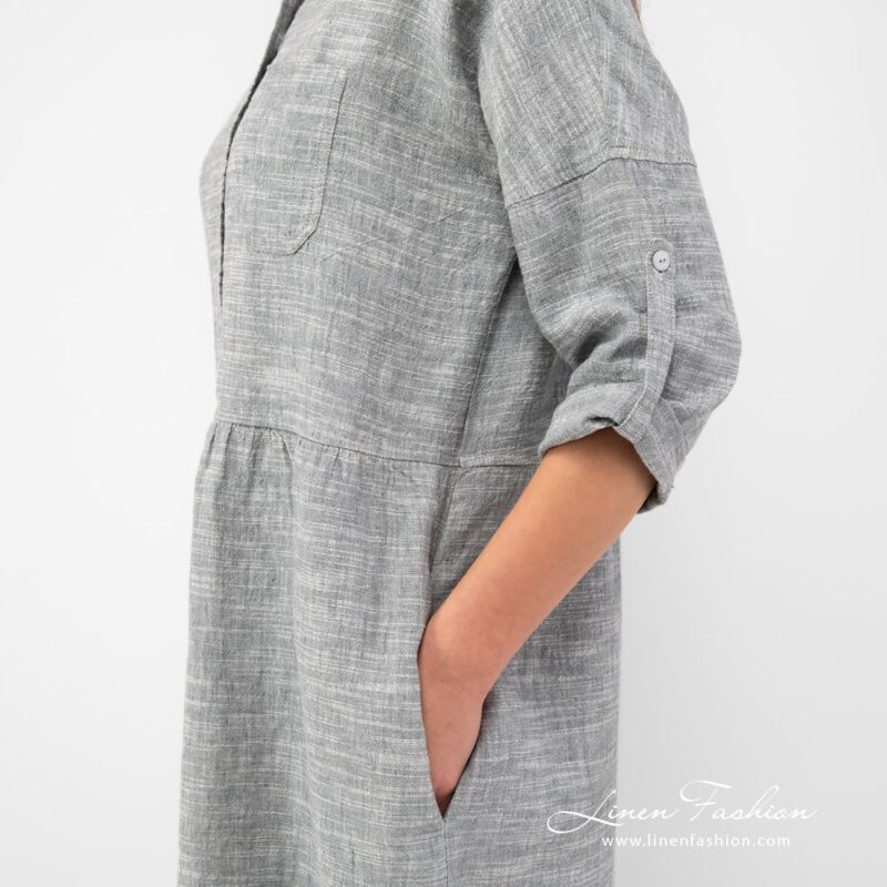 Grey linen cotton dress side pockets