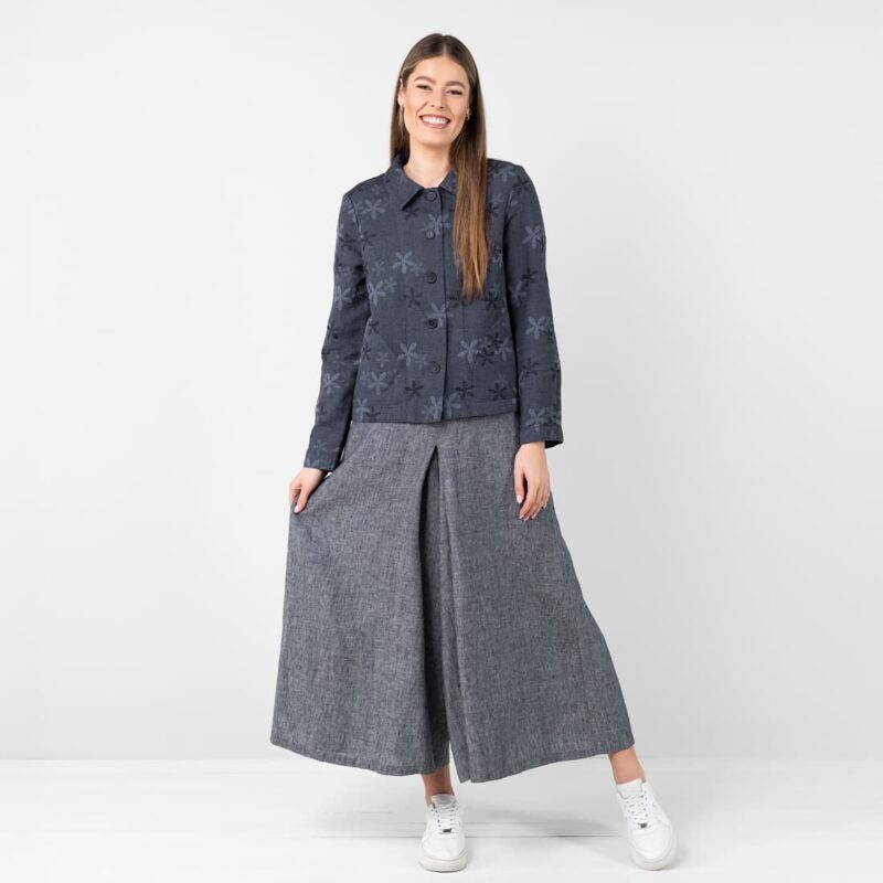 Linen cotton floral jacket, with grey culottes
