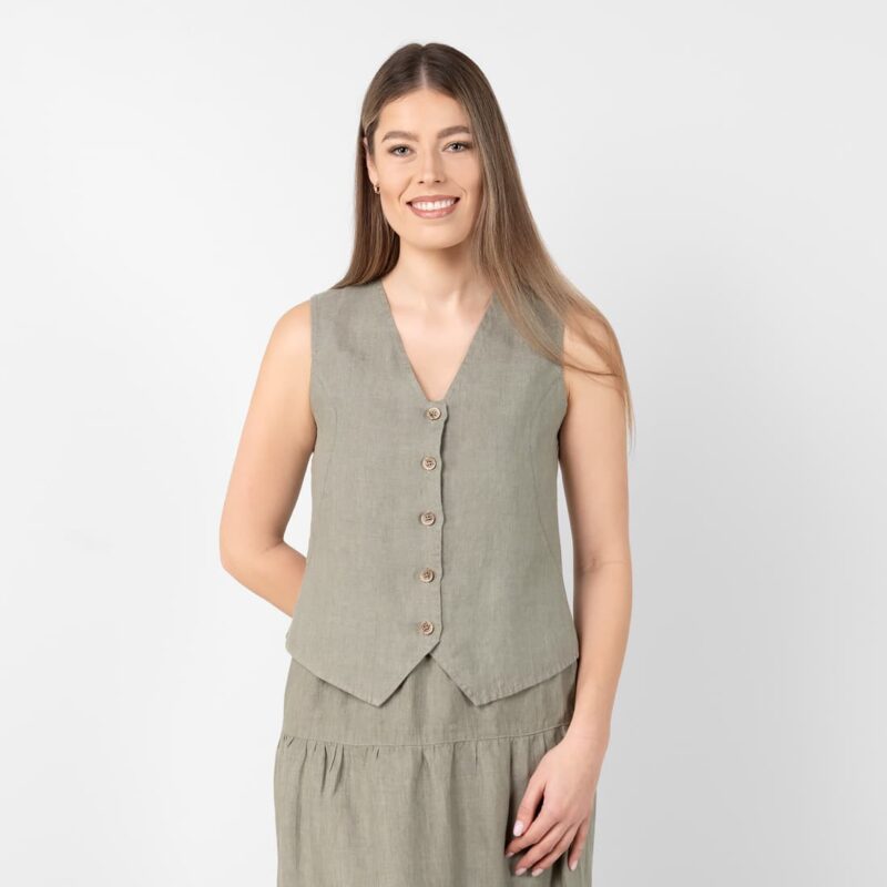 Linen vest grey-green with buttons, V-neckline