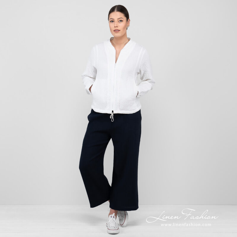 linen white bomber jacket front view.