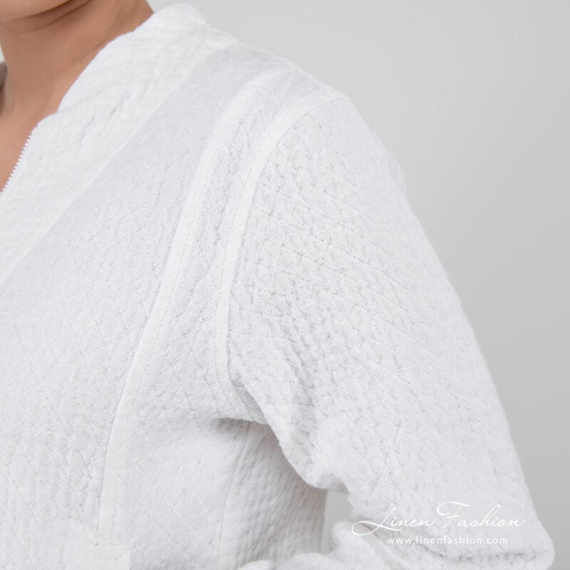 linen white bomber jacket, long sleeves.