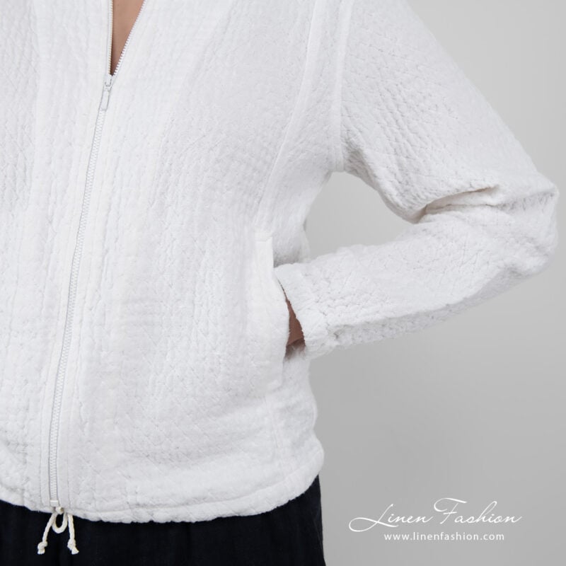 linen white bomber jacket, pockets.