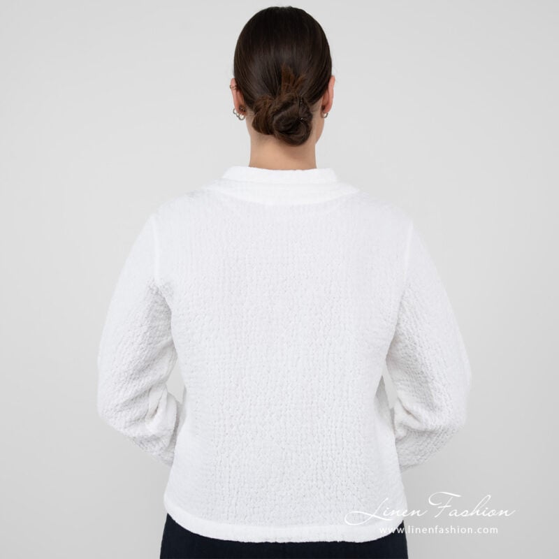 linen white bomber jacket from backside.