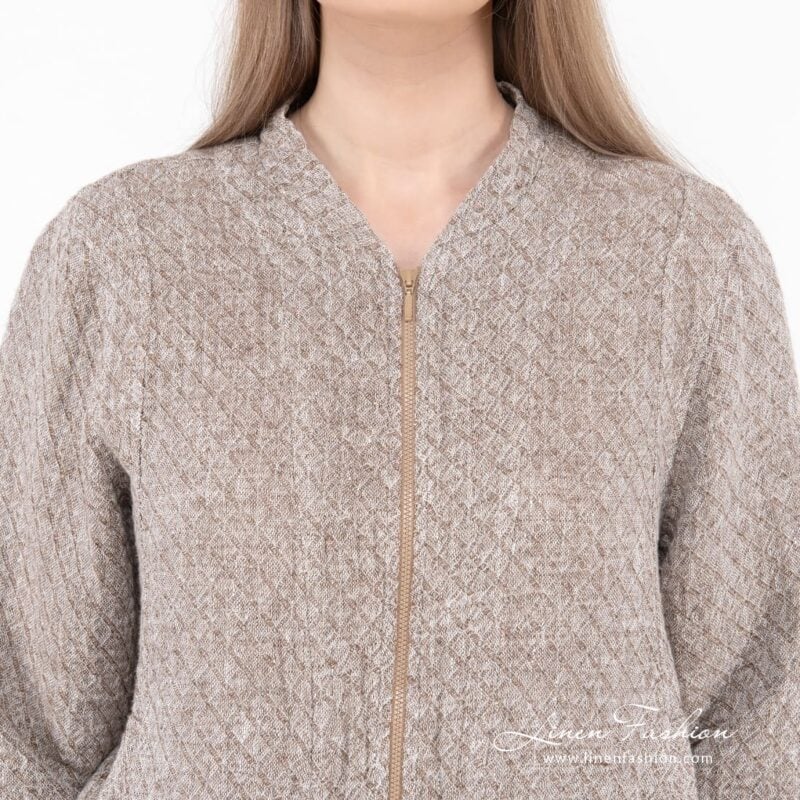 brown bomber jacket with zip closure.