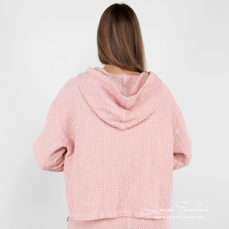 linen cotton hoodie pink from back side.