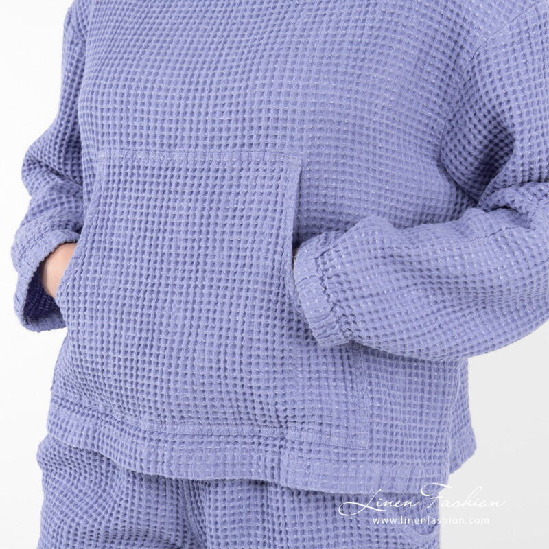 hoodie violet blue with one big pocket in front.