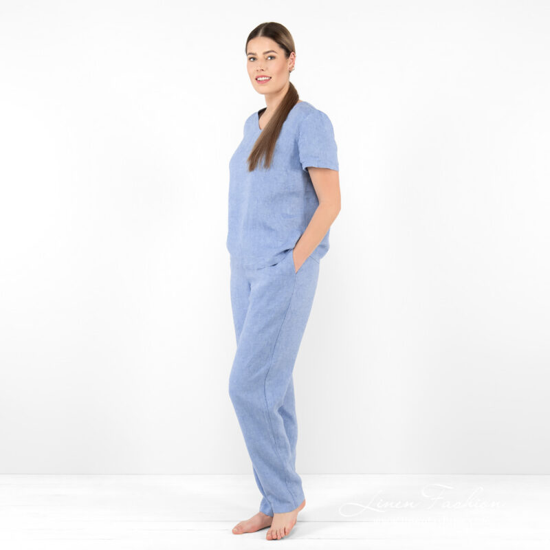 linen blue pants home wear from one side.