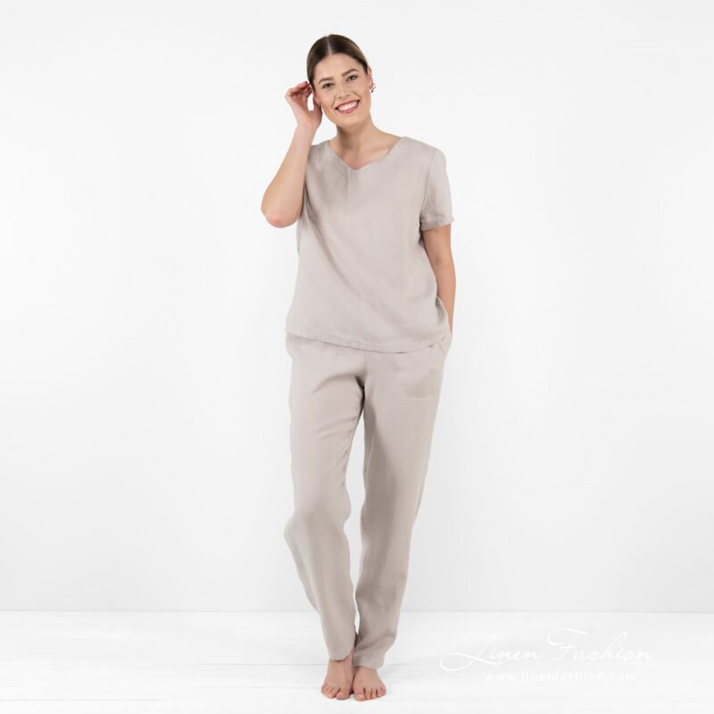 linen beige pants home wear with blouse.