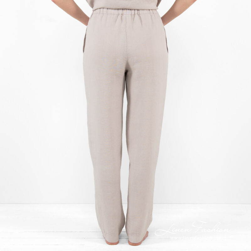 linen beige pants home wear from backside.