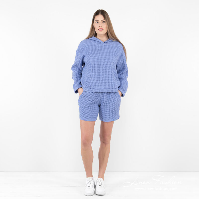 linen cotton shorts violet blue set leisure clothing.