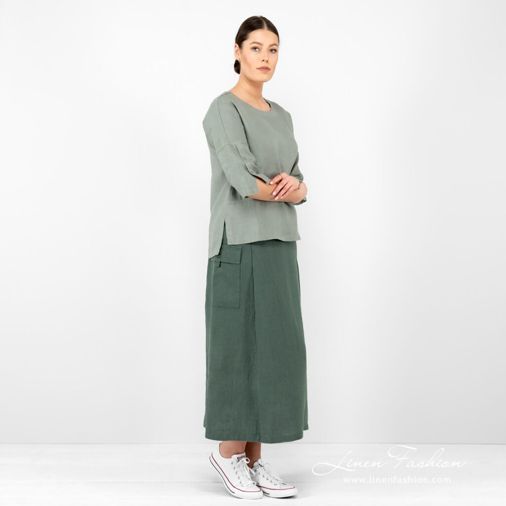 ZANZIBAR Rock grün 2 linen skirt with cargo pocket full view.