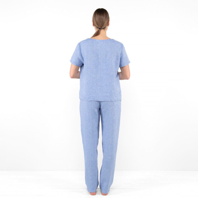 linen blue blouse short sleeves from backside full view.