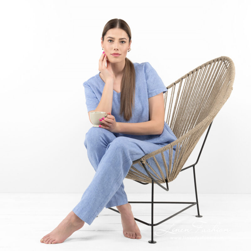 linen blue blouse short sleeves on the chair.