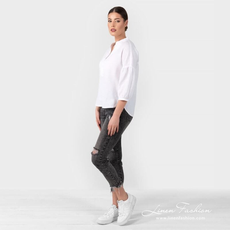 PALMA white linen blouse with balloon sleeves