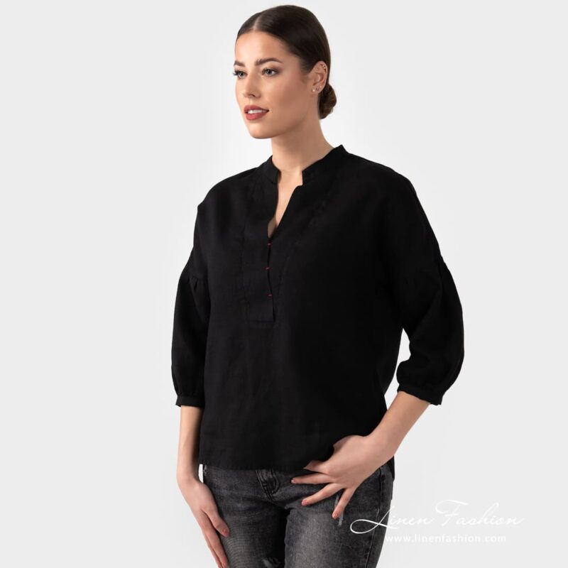 PALMA black linen blouse with balloon sleeves