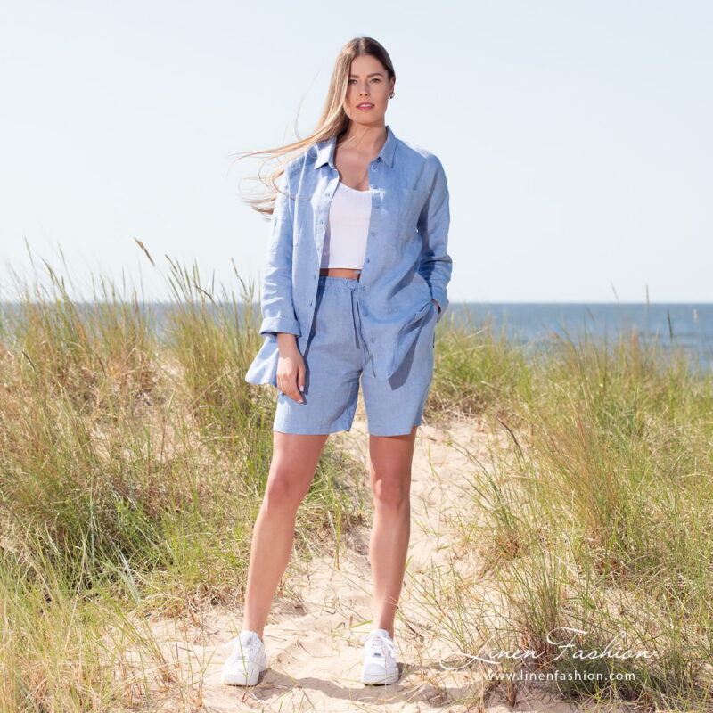 Linen blue blouse in set with shorts.