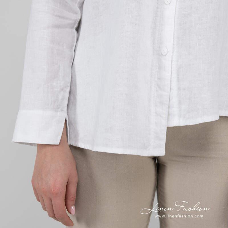 white linen blouse long sleeves, asymmetrical bottom.