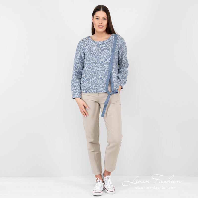 Linen cotton blue flower blouse in full view.