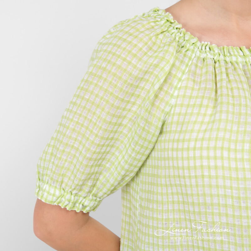 linen checked blouse, short sleeves.