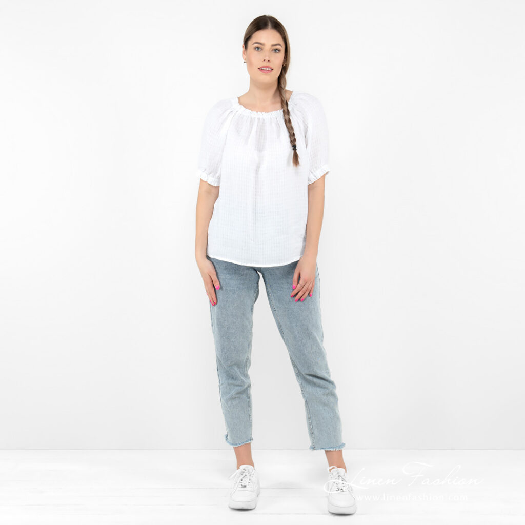 MELISA Bluse weiß 2 white linen blouse short sleeves in full view.