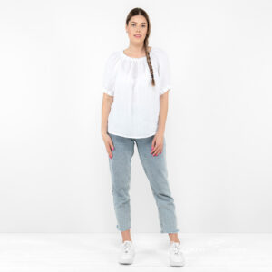 MELISA Bluse weiß 8 white linen blouse short sleeves in full view.