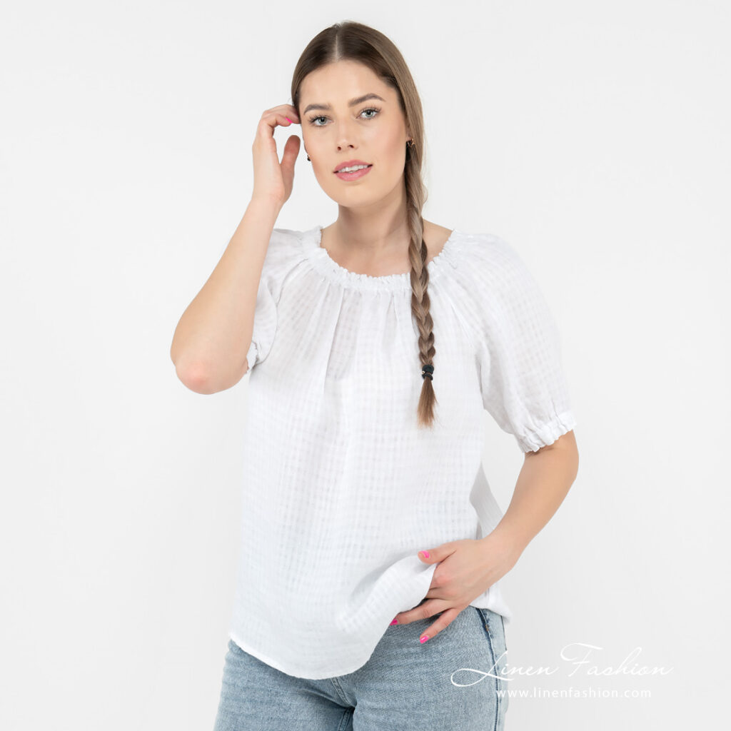 MELISA Bluse weiß 1 white linen blouse short sleeves.