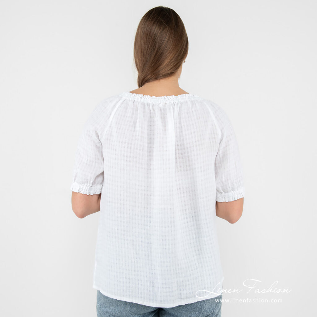 MELISA Bluse weiß 6 white linen blouse short sleeves from backside.