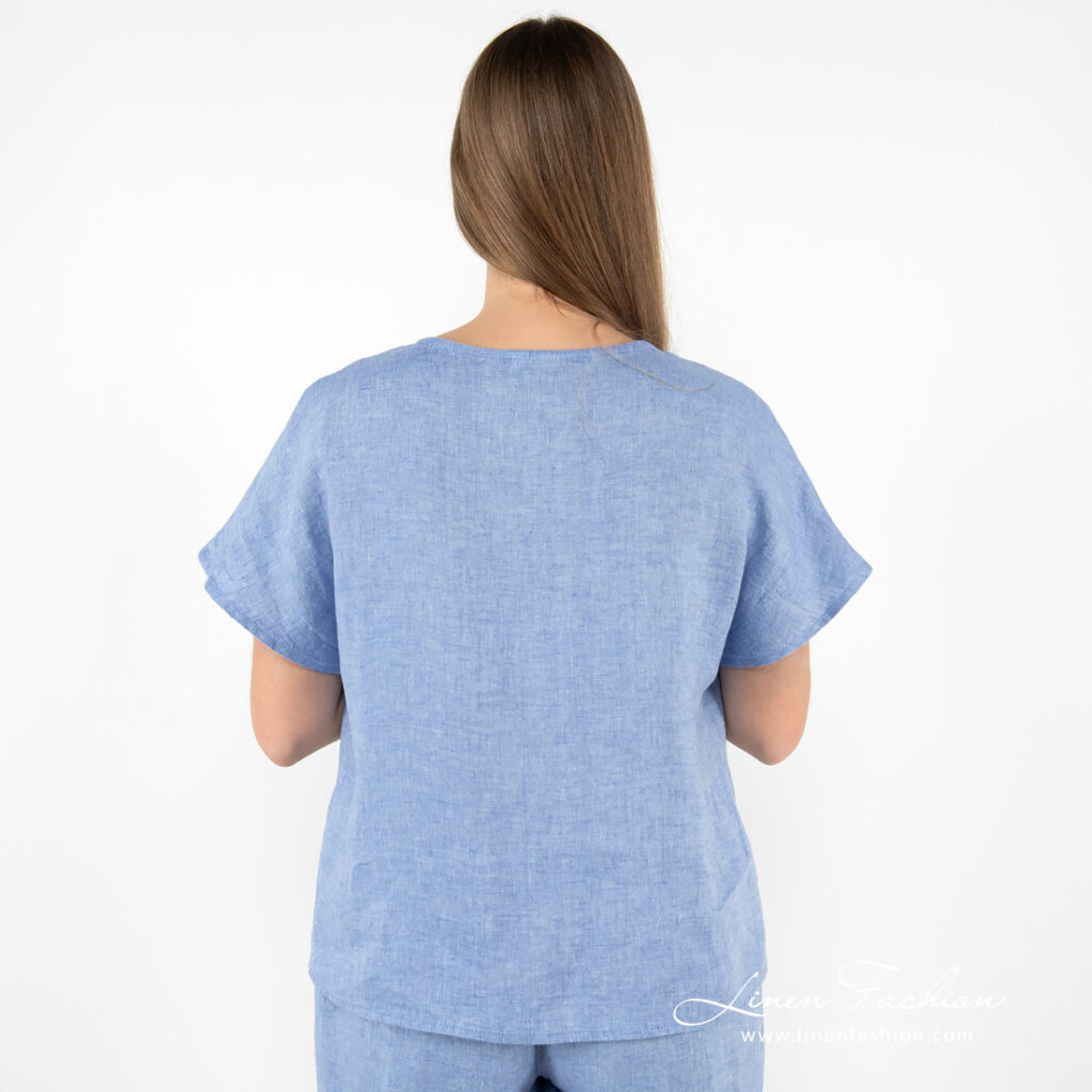 DARREN Bluse hellblau 6 linen blue blouse, from backside.