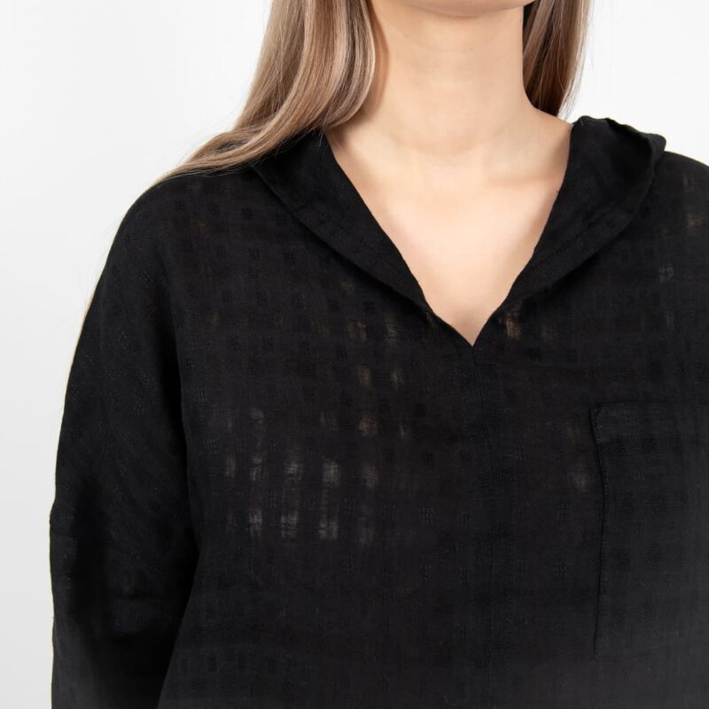black linen blouse with hoodie, open weave checks