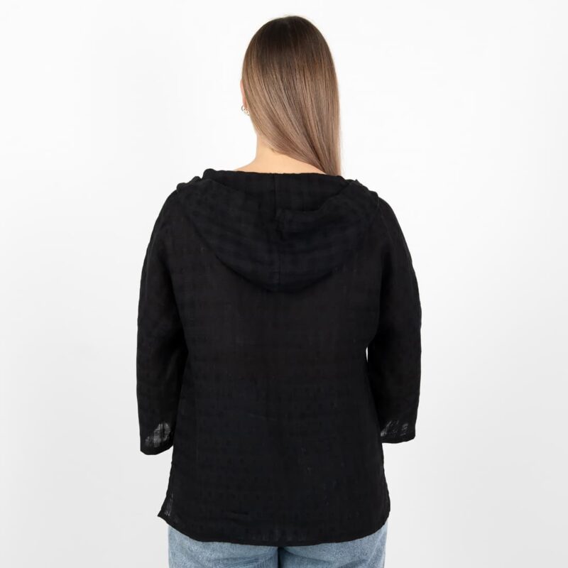 black linen blouse with hoodie, from backside