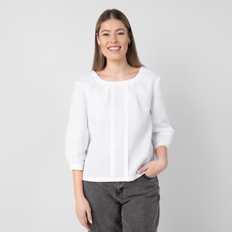White linen blouse with pleats, 3/4 sleeves