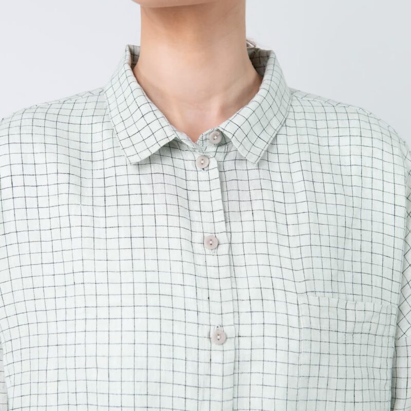 Linen greenish checked shirt, classic shirt collar