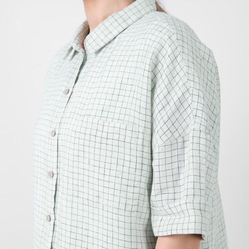Linen greenish checked shirt, elbow length sleeves