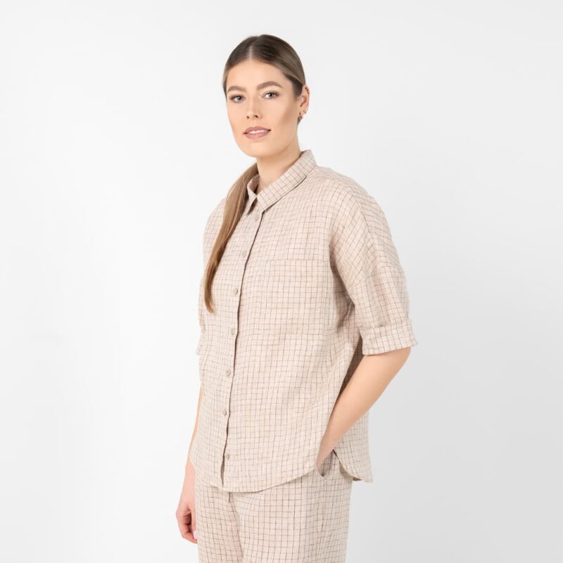Linen brownish checked shirt, elbow length sleeves