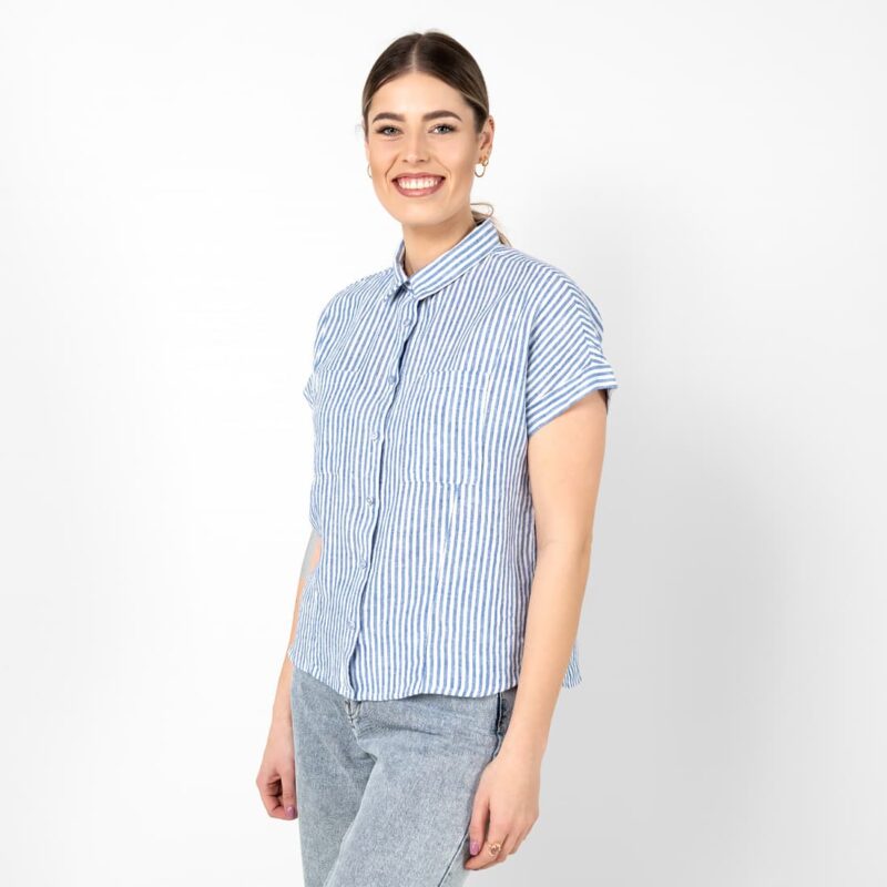 Striped blue white linen shirt, 100% linen