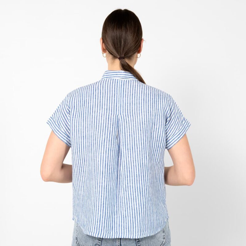 Striped blue white linen shirt, short sleeves