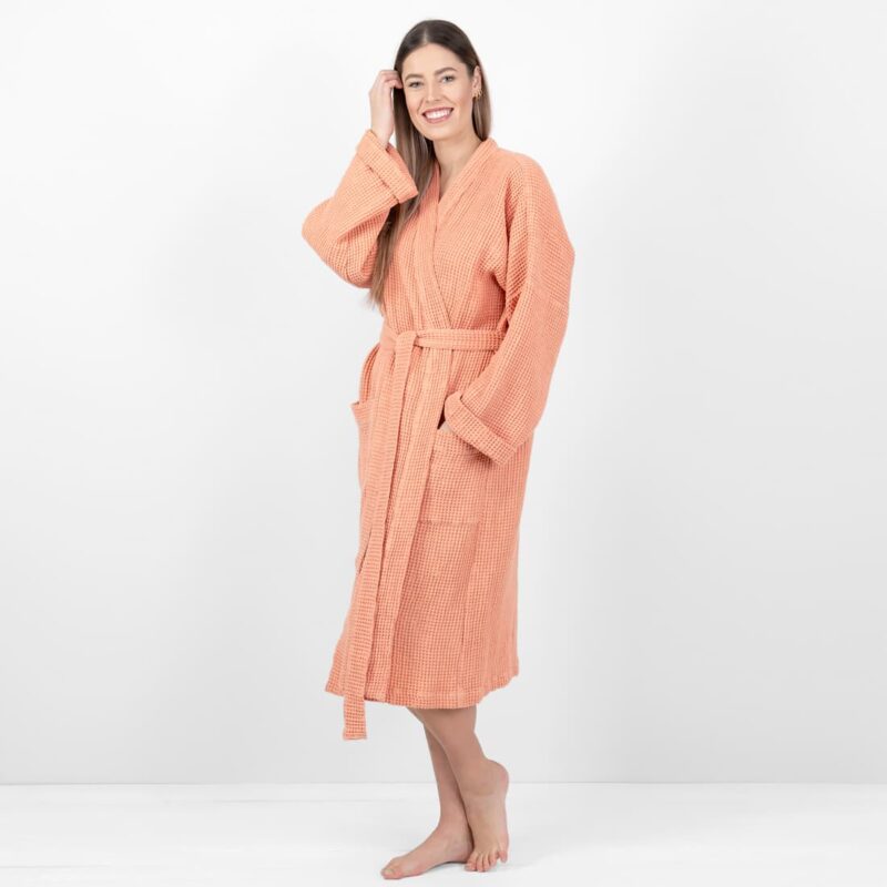 linen cotton peach bathrobe, waffle structure.