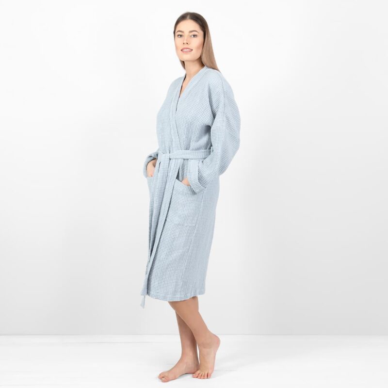linen cotton blue grey bathrobe, washed.