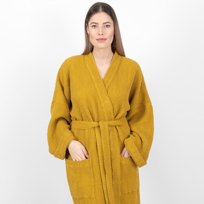 linen cotton mustard bathrobe washed.