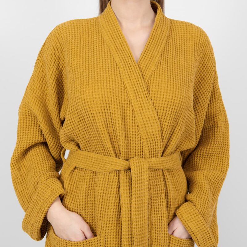 linen cotton mustard bathrobe with simple colar and belt.