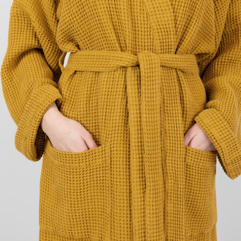 linen cotton mustard bathrobe with 2 pockets.