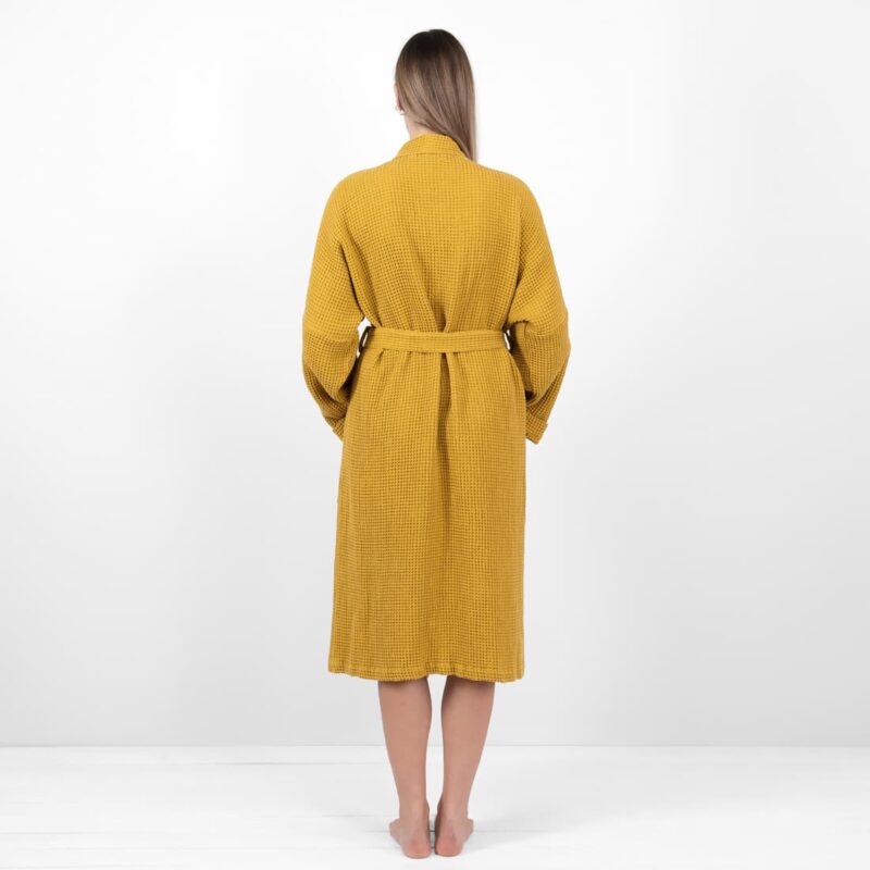 linen cotton mustard bathrobe from backside.
