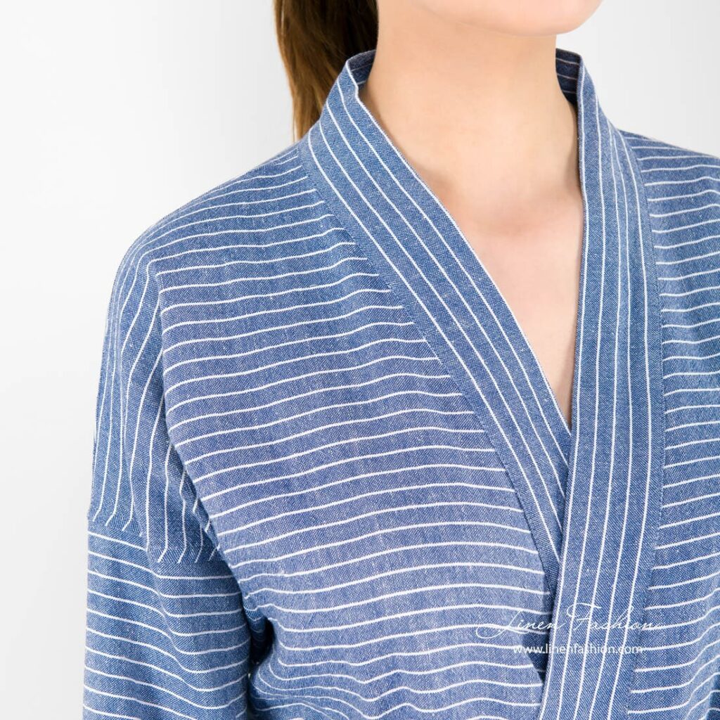 MARY LIN Bademantel blau 3 Stiped blue linen womens bathrobe.